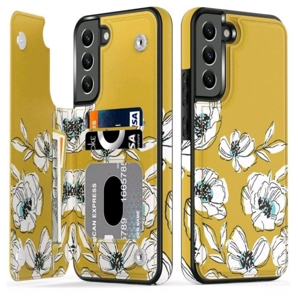 NEW Samsung Galaxy S23 Yellow Floral Folding Wallet Phone Case White Protector